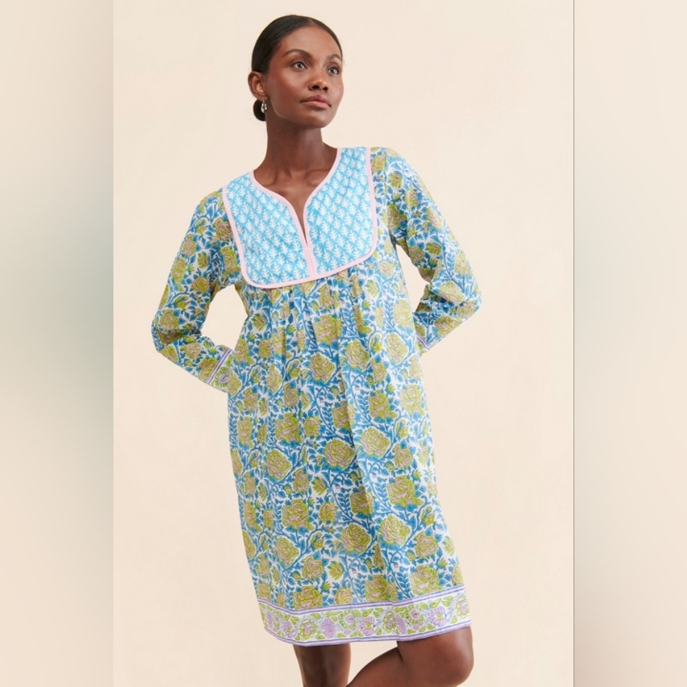 SZ Blockprints Anthropologie Jaipur Shift Dress Blue Floral Cotton Women's Small